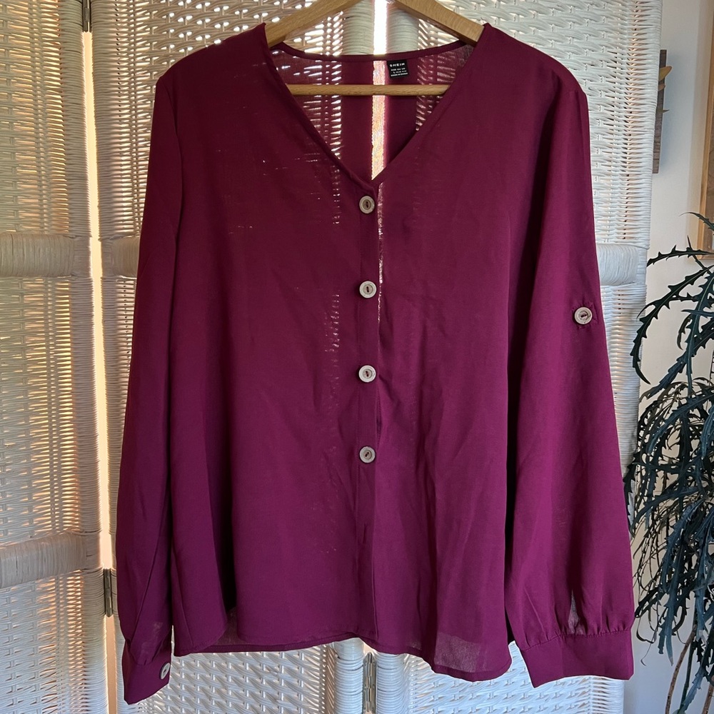 Maroon button up top, chiffon texture.